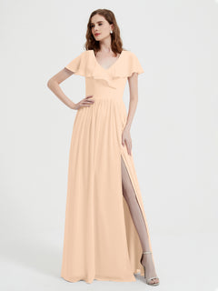 Cap Sleeves Long Chiffon Dresses with Slit-Peach Plus Size