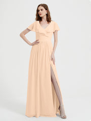 Cap Sleeves Long Chiffon Dresses with Slit-Peach