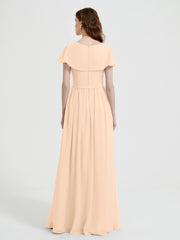 Cap Sleeves Long Chiffon Dresses with Slit-Peach