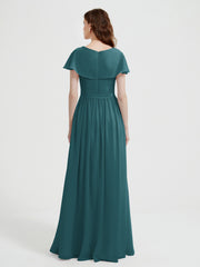 Cap Sleeves Long Chiffon Dresses with Slit-Peacock