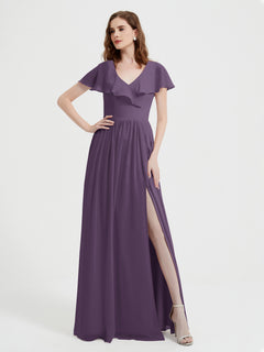 Cap Sleeves Long Chiffon Dresses with Slit-Plum Plus Size