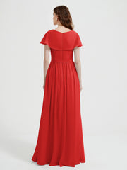 Cap Sleeves Long Chiffon Dresses with Slit-Red