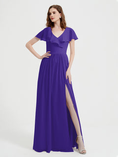 Cap Sleeves Long Chiffon Dresses with Slit-Regency