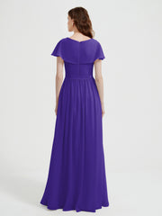Cap Sleeves Long Chiffon Dresses with Slit-Regency