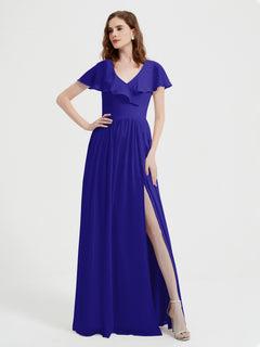 Cap Sleeves Long Chiffon Dresses with Slit-Royal Blue