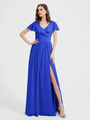 Cap Sleeves Long Chiffon Dresses with Slit-Royal Blue