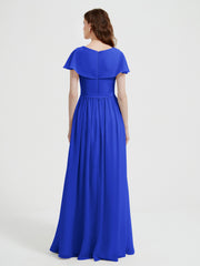 Cap Sleeves Long Chiffon Dresses with Slit-Royal Blue