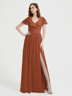 Cap Sleeves Long Chiffon Dresses with Slit-Rust