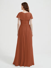 Cap Sleeves Long Chiffon Dresses with Slit-Rust