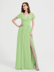 Cap Sleeves Long Chiffon Dresses with Slit-Sage