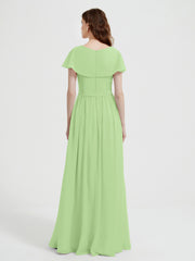 Cap Sleeves Long Chiffon Dresses with Slit-Sage