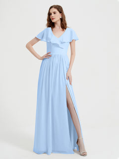 Cap Sleeves Long Chiffon Dresses with Slit-Sky Blue