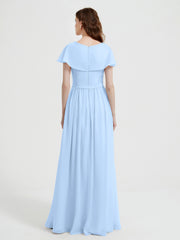 Cap Sleeves Long Chiffon Dresses with Slit-Sky Blue