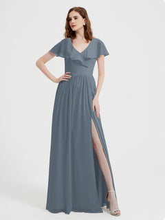 Cap Sleeves Long Chiffon Dresses with Slit-Slate Blue Plus Size