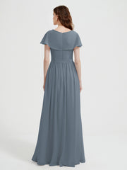 Cap Sleeves Long Chiffon Dresses with Slit-Slate Blue