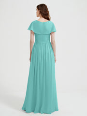 Cap Sleeves Long Chiffon Dresses with Slit-Spa