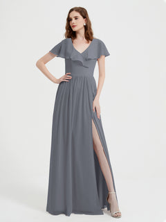 Cap Sleeves Long Chiffon Dresses with Slit-Steel Grey