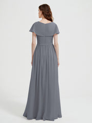 Cap Sleeves Long Chiffon Dresses with Slit-Steel Grey