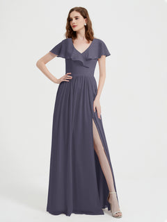 Cap Sleeves Long Chiffon Dresses with Slit-Stormy