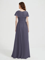 Cap Sleeves Long Chiffon Dresses with Slit-Stormy