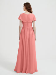 Cap Sleeves Long Chiffon Dresses with Slit-Sunset