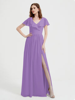 Cap Sleeves Long Chiffon Dresses with Slit-Tahiti