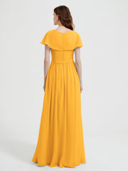 Cap Sleeves Long Chiffon Dresses with Slit-Tangerine