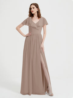 Cap Sleeves Long Chiffon Dresses with Slit-Taupe