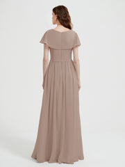 Cap Sleeves Long Chiffon Dresses with Slit-Taupe