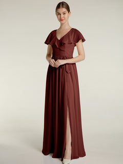 Cap Sleeves Long Chiffon Dresses with Slit-Terracotta