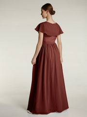 Cap Sleeves Long Chiffon Dresses with Slit-Terracotta Plus Size