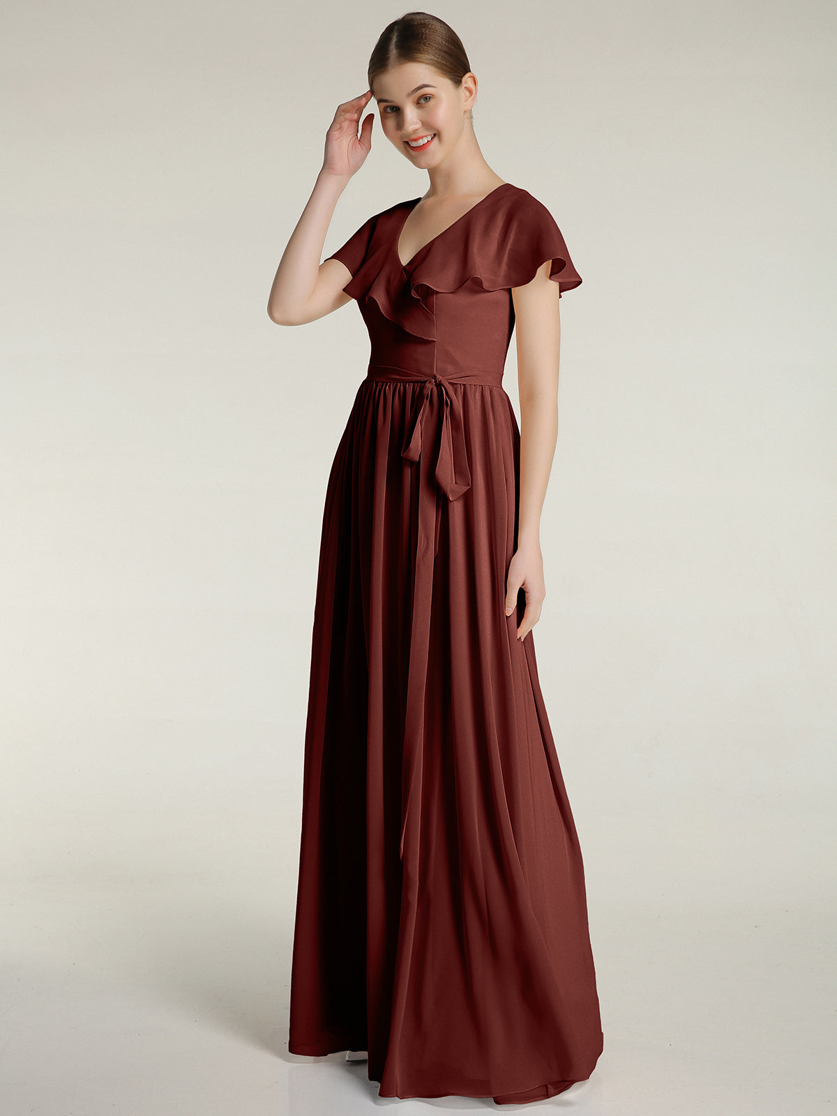 Lace And Chiffon Long Dress with Slit Terracotta