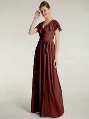 Cap Sleeves Long Chiffon Dresses with Slit-Terracotta