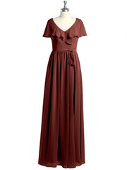Cap Sleeves Long Chiffon Dresses with Slit-Terracotta Plus Size