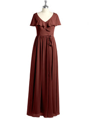 Cap Sleeves Long Chiffon Dresses with Slit-Terracotta
