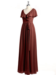 Cap Sleeves Long Chiffon Dresses with Slit-Terracotta