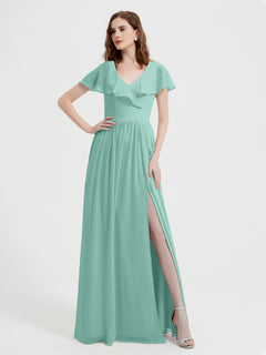 Cap Sleeves Long Chiffon Dresses with Slit-Turquoise