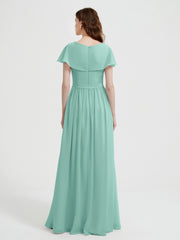 Cap Sleeves Long Chiffon Dresses with Slit-Turquoise