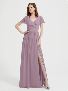 Cap Sleeves Long Chiffon Dresses with Slit-Vintage Mauve