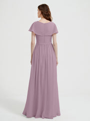 Cap Sleeves Long Chiffon Dresses with Slit-Vintage Mauve