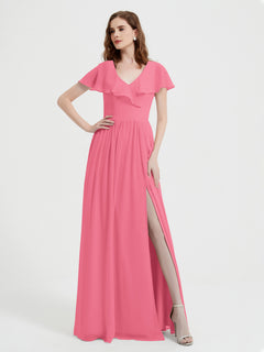 Cap Sleeves Long Chiffon Dresses with Slit-Watermelon Plus Size