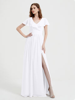 Cap Sleeves Long Chiffon Dresses with Slit-White