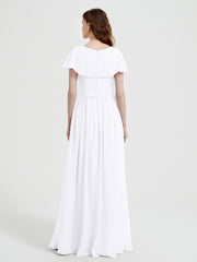 Cap Sleeves Long Chiffon Dresses with Slit-White