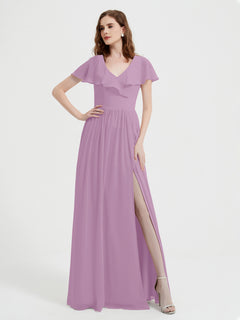 Cap Sleeves Long Chiffon Dresses with Slit-Wisteria Plus Size