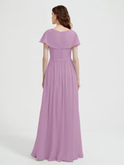 Cap Sleeves Long Chiffon Dresses with Slit-Wisteria