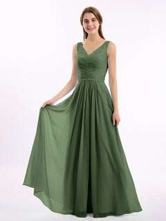 V-neck Chiffon Long Dress of Bridesmaids Olive Green