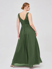 V-neck Chiffon Long Dress of Bridesmaids Olive Green