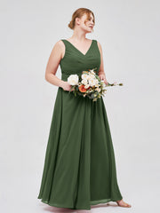 V-neck Chiffon Long Dress of Bridesmaids Olive Green