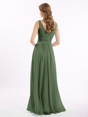 V-neck Chiffon Long Dress of Bridesmaids Olive Green