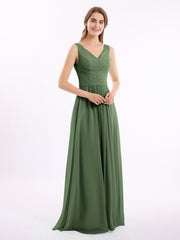 V-neck Chiffon Long Dress of Bridesmaids Olive Green